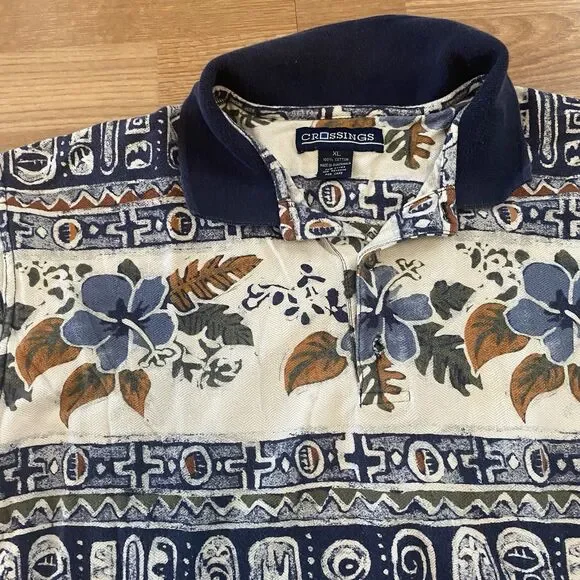 Vintage Crossings Polo Shirt T Shirt Men’s Size XL Blue Floral Aztec - Picture 4 of 10